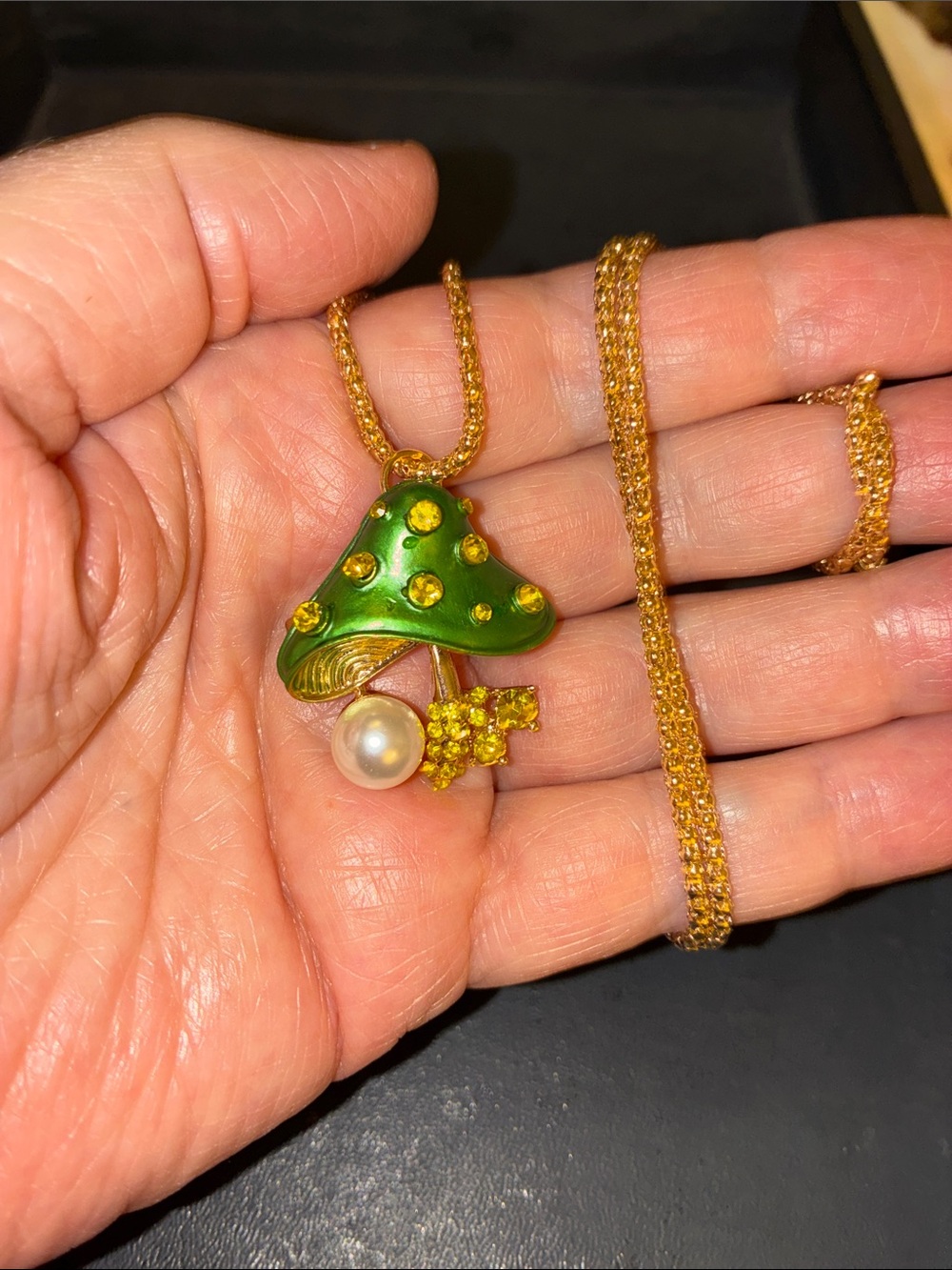 Green Mushroom Pearl Pendant Necklace/Brooch- Gold Tone